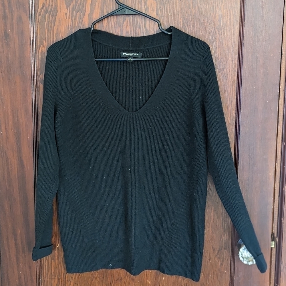 Banana Republic Classic Scoop Neck Ribbed Wool Blend Black Sweater Size Small